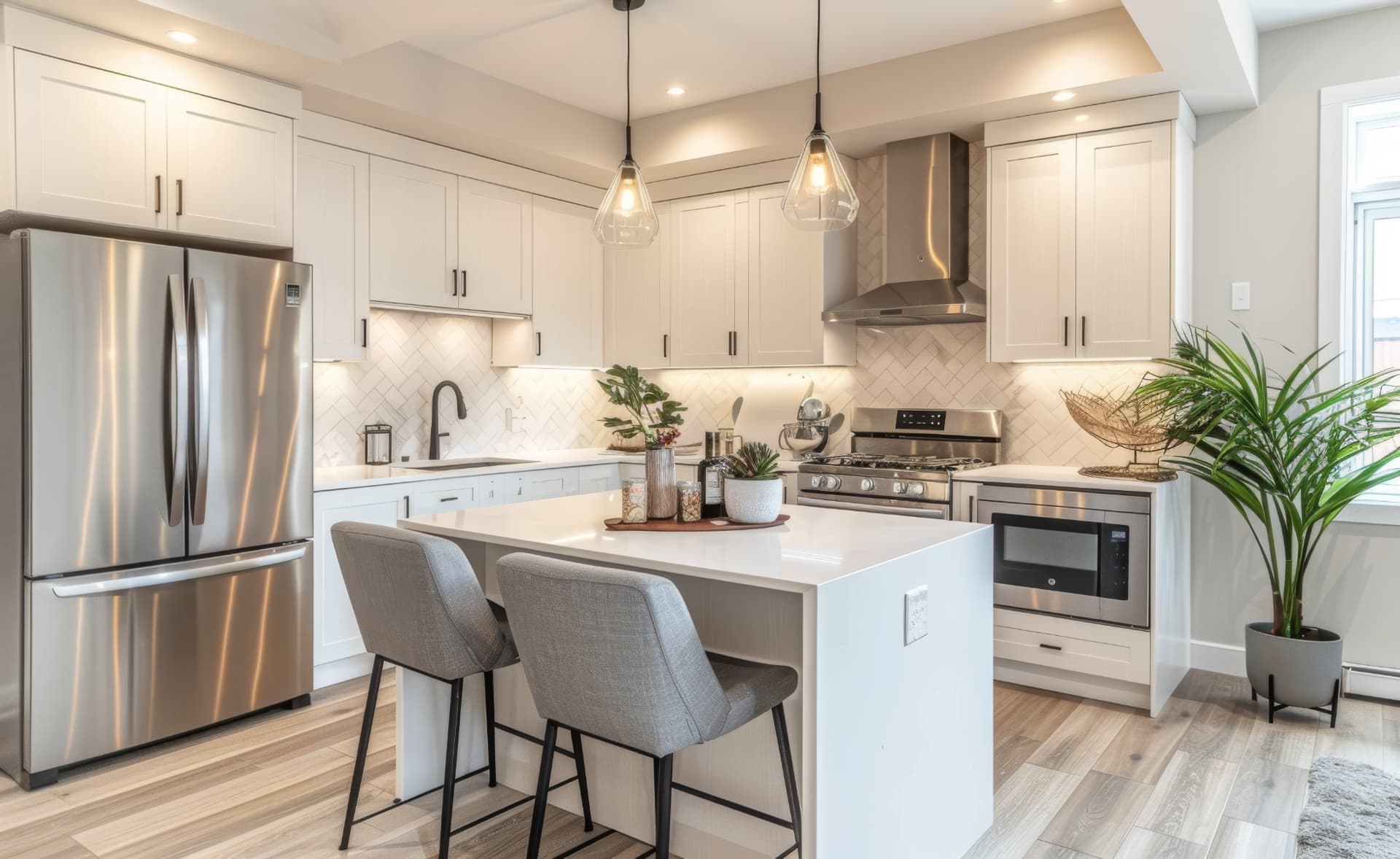 Newly remodeled kitchen with custom cabinetry, quartz island and warm wood-look flooring